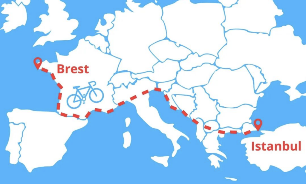 Carte de l'europe montrant le tracé du périple d'Antoien Belmudes
