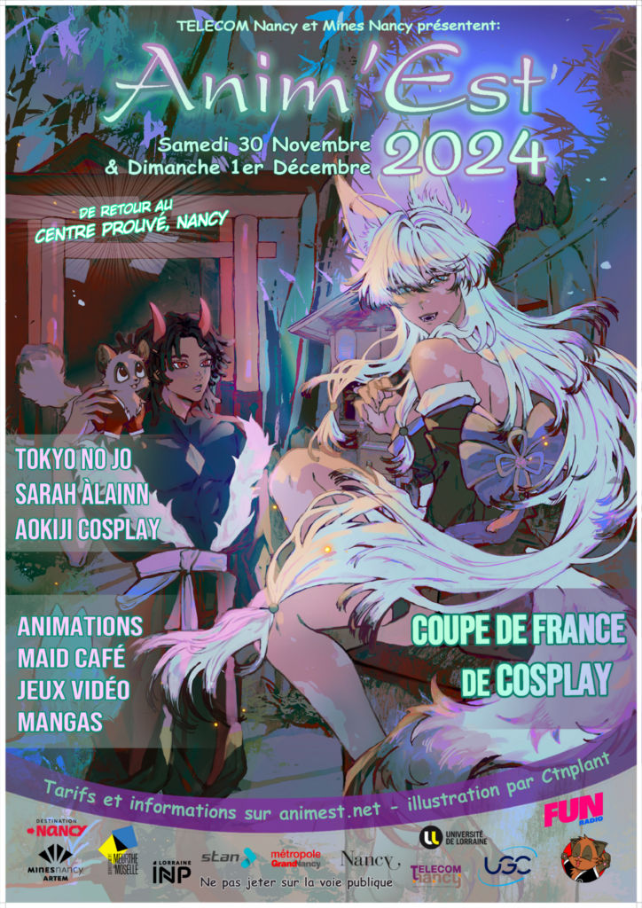 Affiche de la convention Anim'est dédié à la culture japonaise avec personnes de manga en fond.