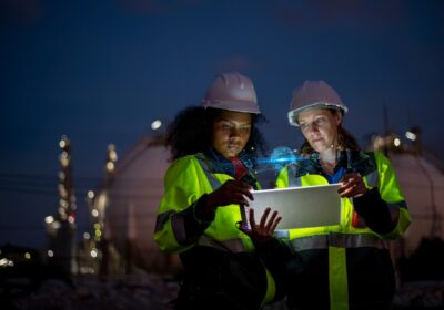 2 femmes ingénieures en extérieur regardent une tablette tactile