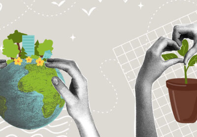 Soins de la Terre et développement durable. Un collage trendy en demi-teintes. Le concept est de construire un avenir durable et de protéger les ressources naturelles. Crédit photo : Natalya Kosarevich shutterstock