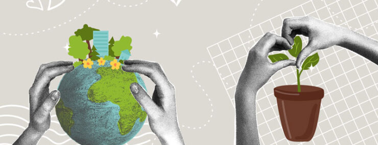 Soins de la Terre et développement durable. Un collage trendy en demi-teintes. Le concept est de construire un avenir durable et de protéger les ressources naturelles. Crédit photo : Natalya Kosarevich shutterstock