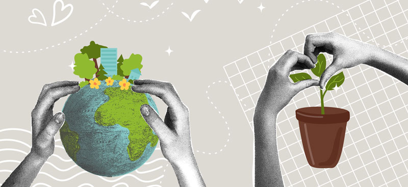 Soins de la Terre et développement durable. Un collage trendy en demi-teintes. Le concept est de construire un avenir durable et de protéger les ressources naturelles. Crédit photo : Natalya Kosarevich shutterstock
